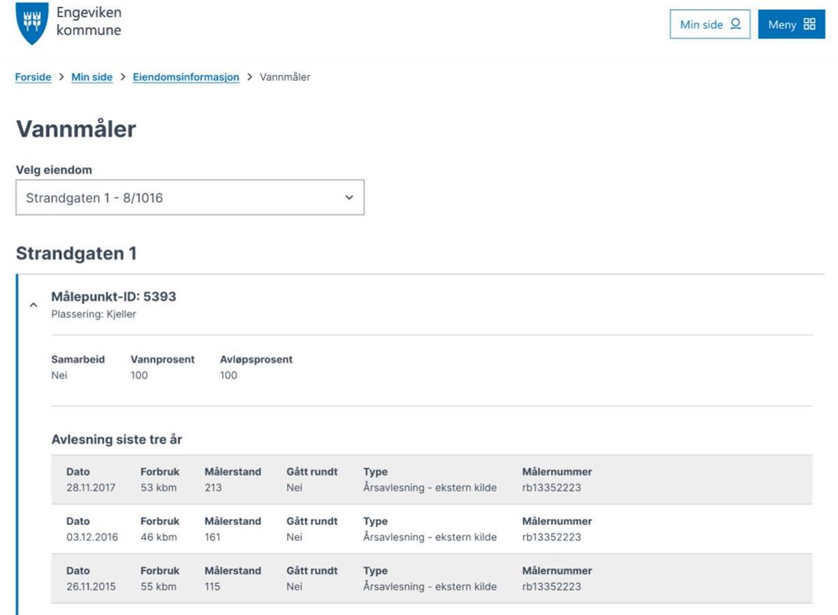 Skjermbilde av oversikt under "Vannmåler" på Min Side - Klikk for stort bilde