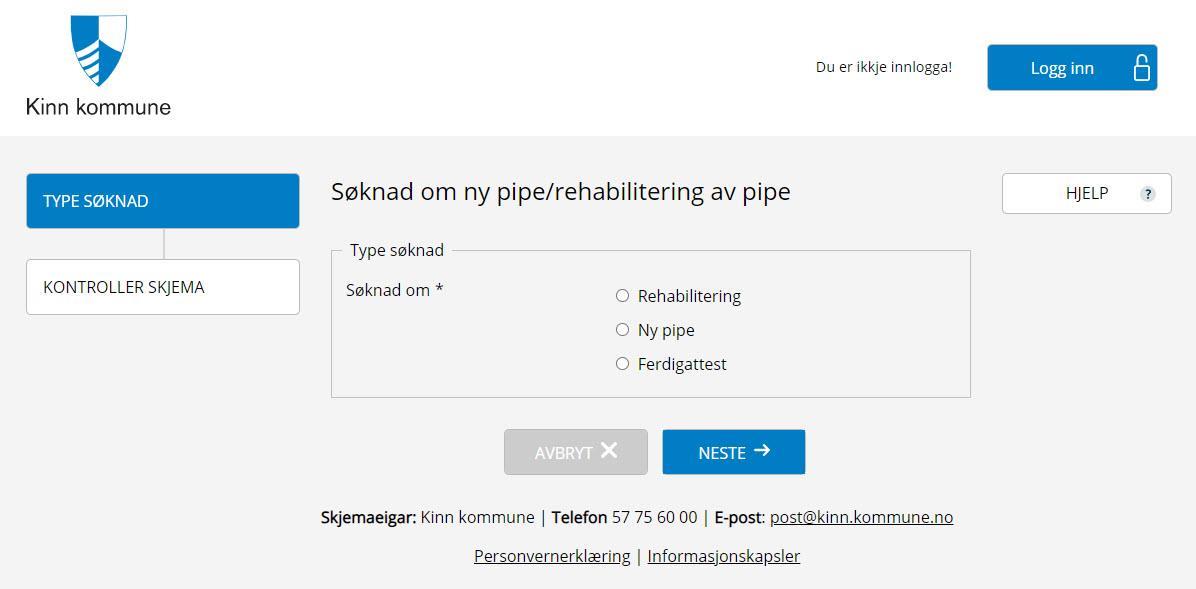 Bilde av et pipeskjema fr aKinn kommune sine nettsider - Klikk for stort bilde