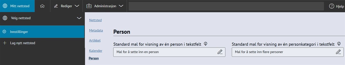 Skjermbilde fra nettstedsinnstillinger som viser at visningsmaler for å sette inn personer og personer fra kategori er lagt til - Klikk for stort bilde