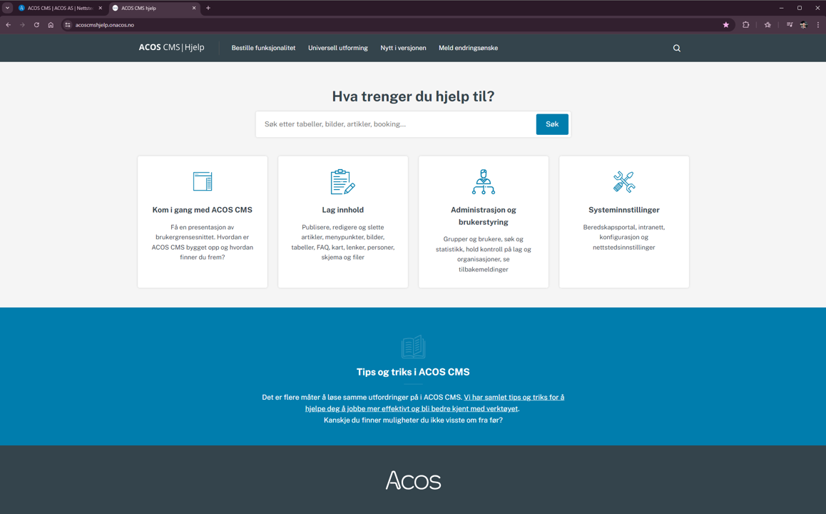 Forsiden av hjelpesidene i ACOS CMS - Klikk for stort bilde